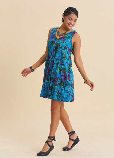 V Neck Button Detail Strapless Petrol Floral Dress 4806