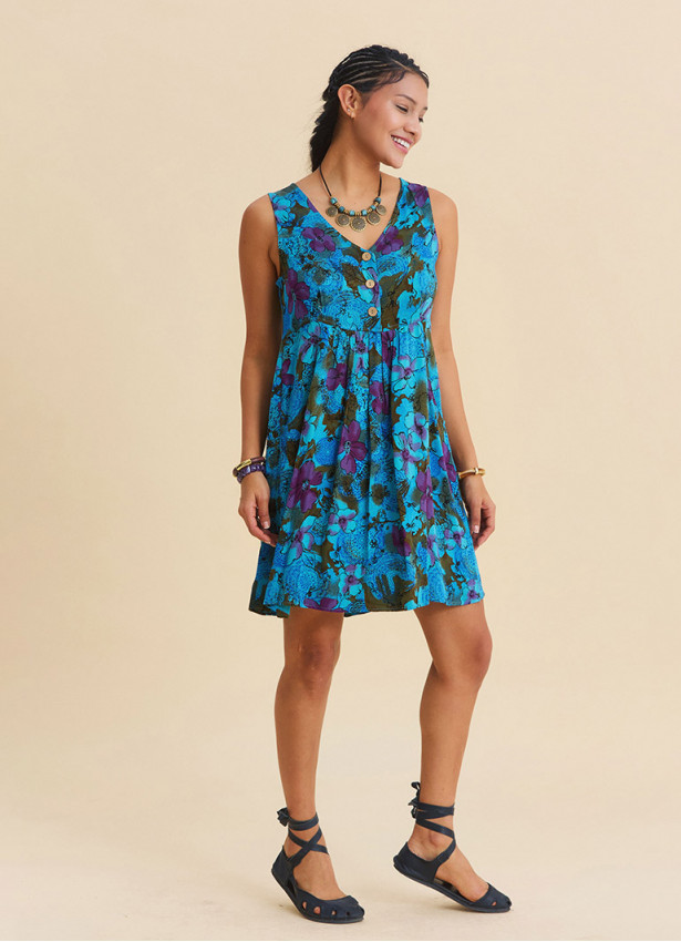V Neck Button Detail Strapless Petrol Floral Dress 4806