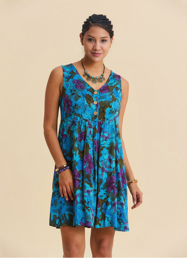 V Neck Button Detail Strapless Petrol Floral Dress 4806