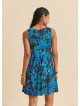 V Neck Button Detail Strapless Petrol Floral Dress 4806