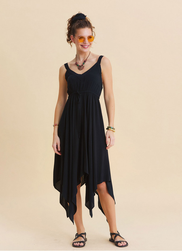 Black Summer Dress with Straps and Elasticated Waist 4815