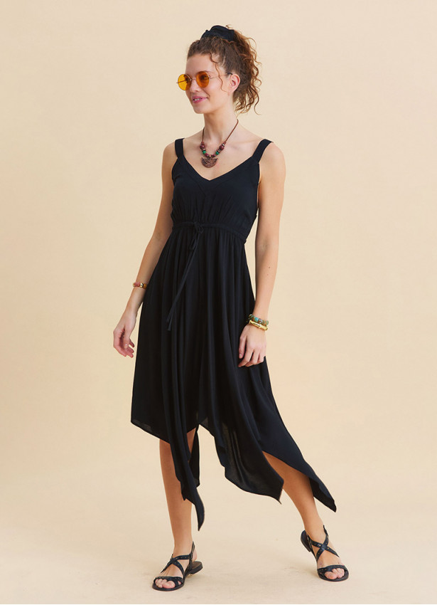 Black Summer Dress with Straps and Elasticated Waist 4815