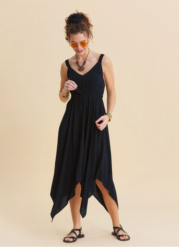 Black Summer Dress with Straps and Elasticated Waist 4815
