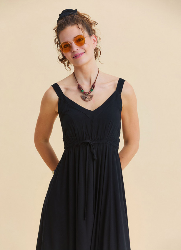 Black Summer Dress with Straps and Elasticated Waist 4815
