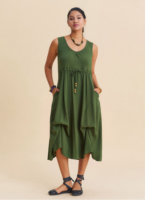 Boat Neck Gathered Detail Khaki Summer Dress 4799