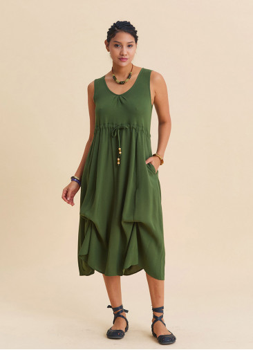 Boat Neck Gathered Detail Khaki Summer Dress 4799