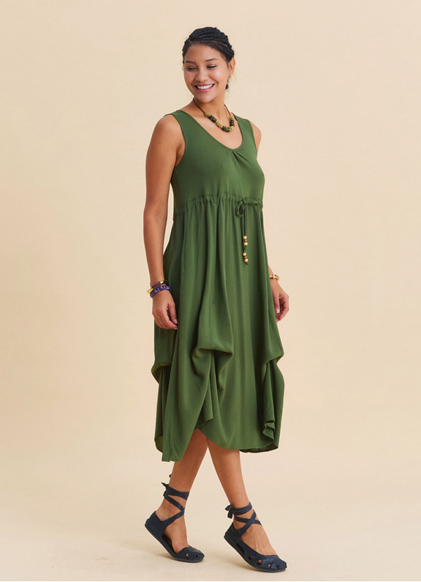 Boat Neck Gathered Detail Khaki Summer Dress 4799