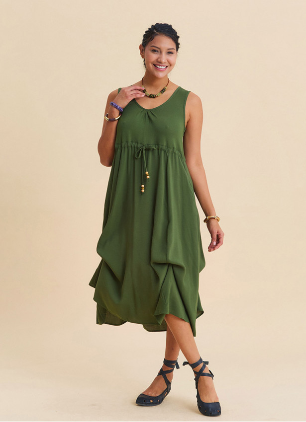 Boat Neck Gathered Detail Khaki Summer Dress 4799