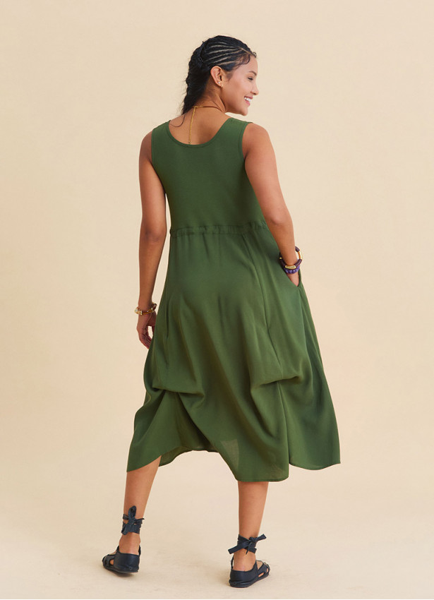 Boat Neck Gathered Detail Khaki Summer Dress 4799