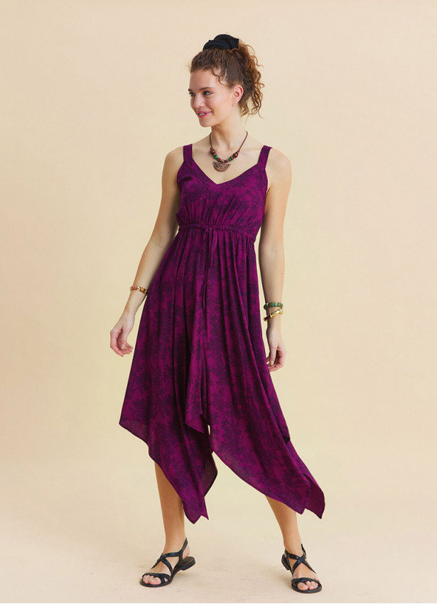 V Neck Asymmetrical Cut Wine Coloured Floral Dress 4816