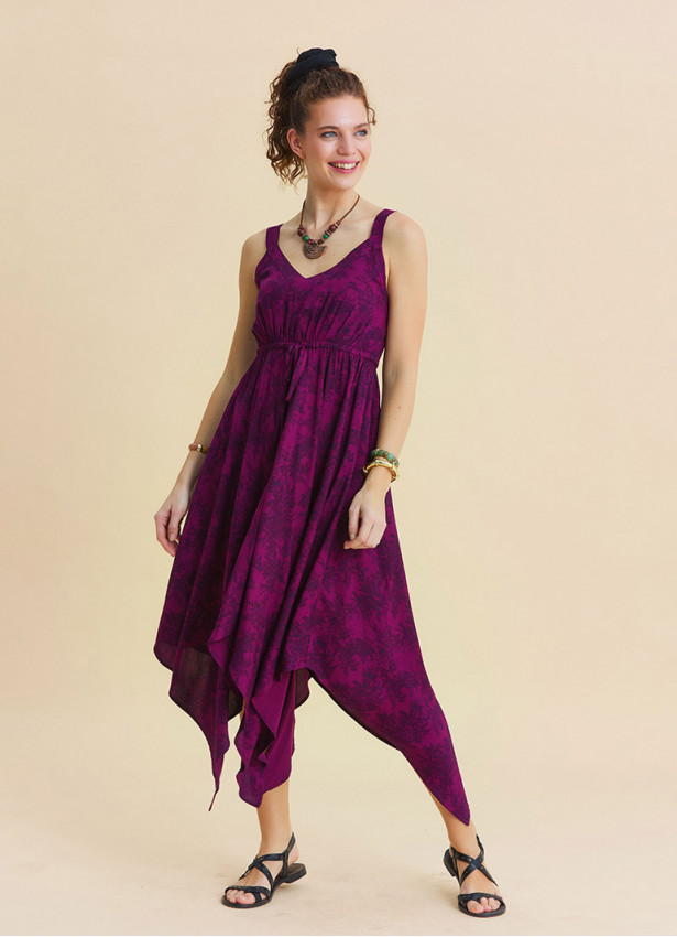 V Neck Asymmetrical Cut Wine Coloured Floral Dress 4816