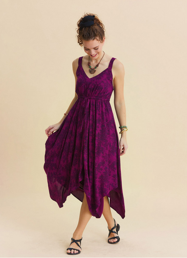 V Neck Asymmetrical Cut Wine Coloured Floral Dress 4816