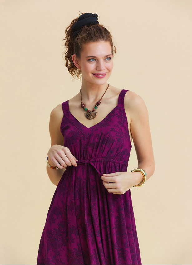 V Neck Asymmetrical Cut Wine Coloured Floral Dress 4816