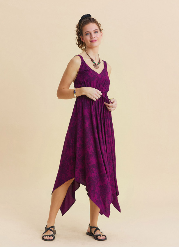 V Neck Asymmetrical Cut Wine Coloured Floral Dress 4816