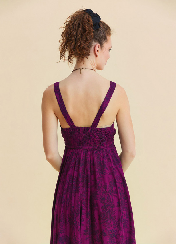 V Neck Asymmetrical Cut Wine Coloured Floral Dress 4816