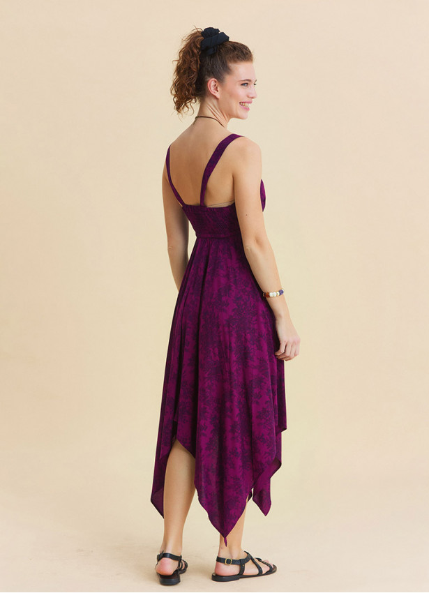 V Neck Asymmetrical Cut Wine Coloured Floral Dress 4816