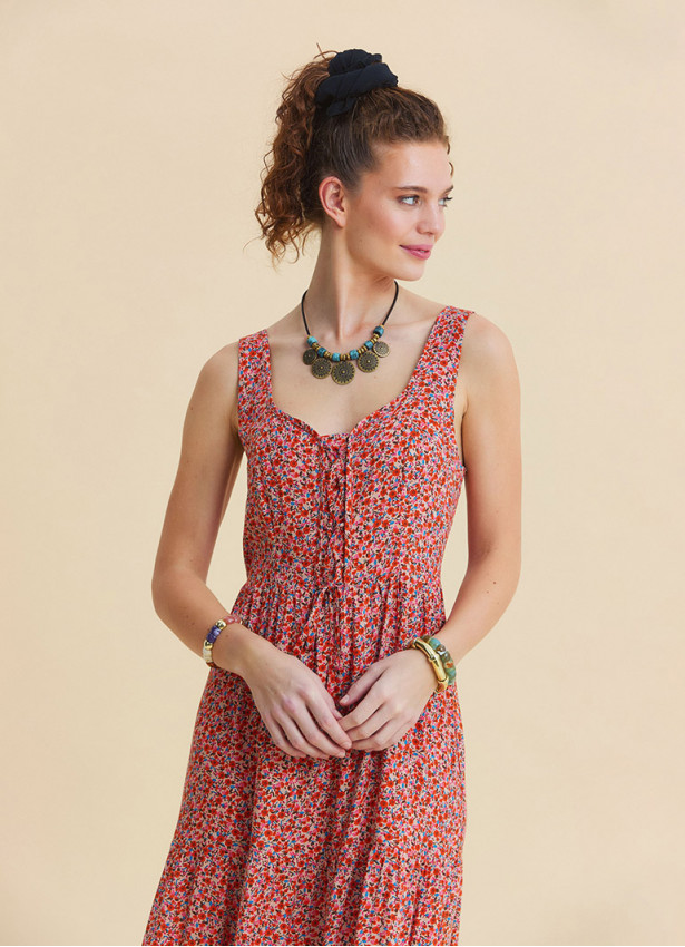 Wide Collar Front Tie Pink Floral Dress 4826