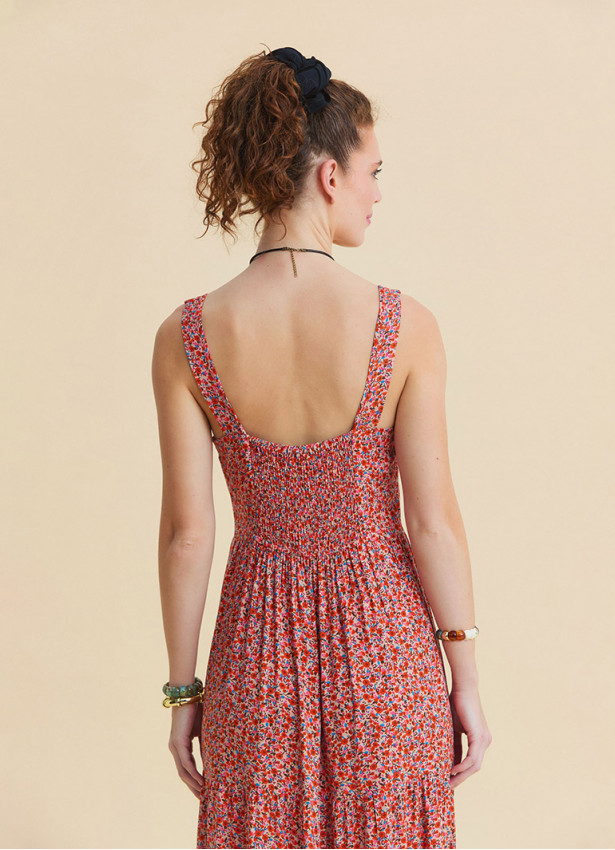 Wide Collar Front Tie Pink Floral Dress 4826