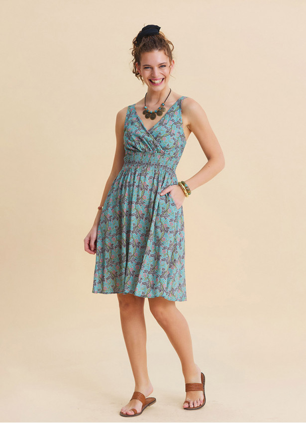 V Neck Strapless Elasticated Waist Mint A-Line Dress 4832