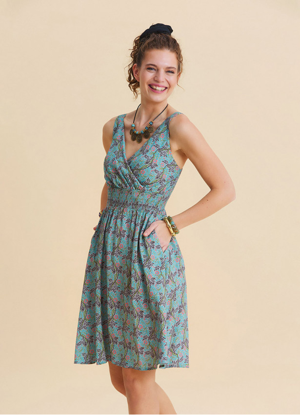 V Neck Strapless Elasticated Waist Mint A-Line Dress 4832