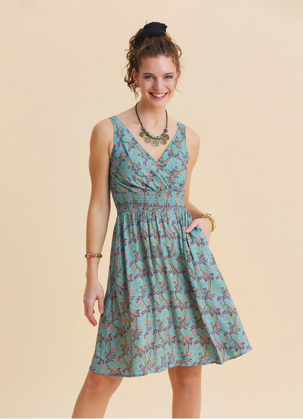 V Neck Strapless Elasticated Waist Mint A-Line Dress 4832