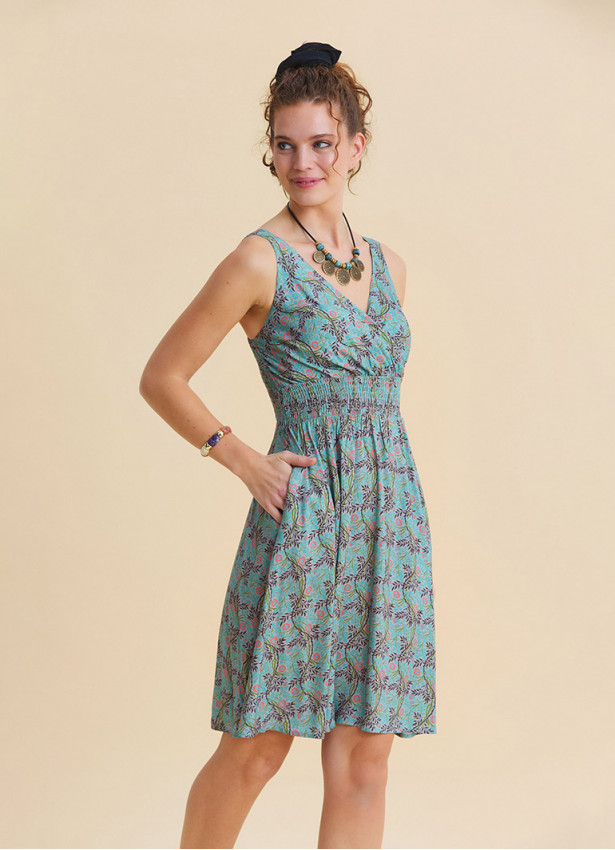 V Neck Strapless Elasticated Waist Mint A-Line Dress 4832