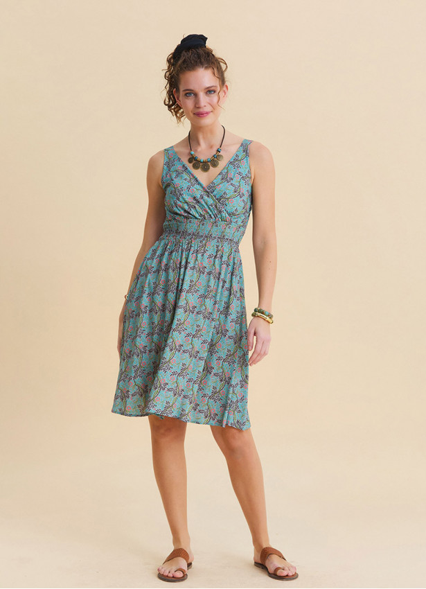 V Neck Strapless Elasticated Waist Mint A-Line Dress 4832