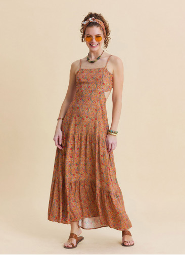 Thin Strapped Backless Mustard Ethnic Dress 4839