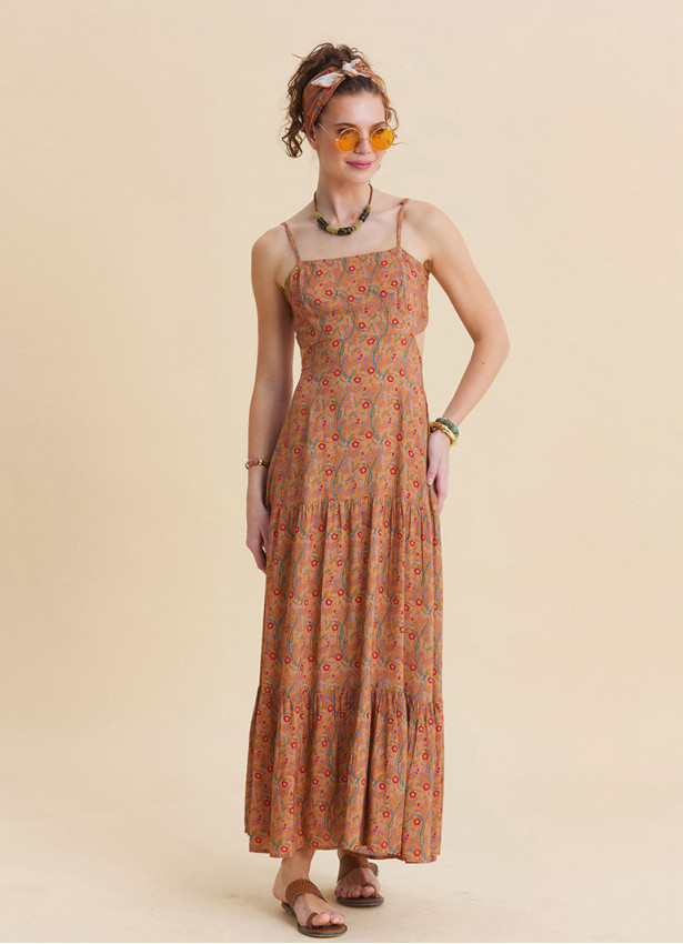 Thin Strapped Backless Mustard Ethnic Dress 4839