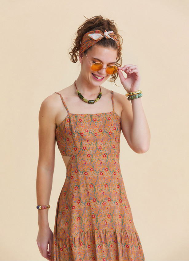 Thin Strapped Backless Mustard Ethnic Dress 4839