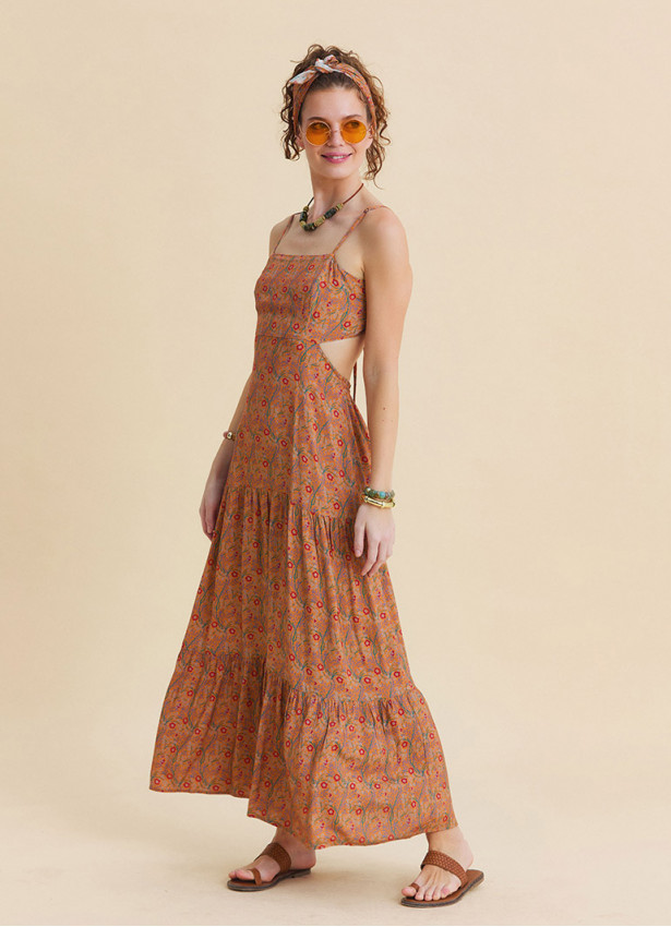 Thin Strapped Backless Mustard Ethnic Dress 4839