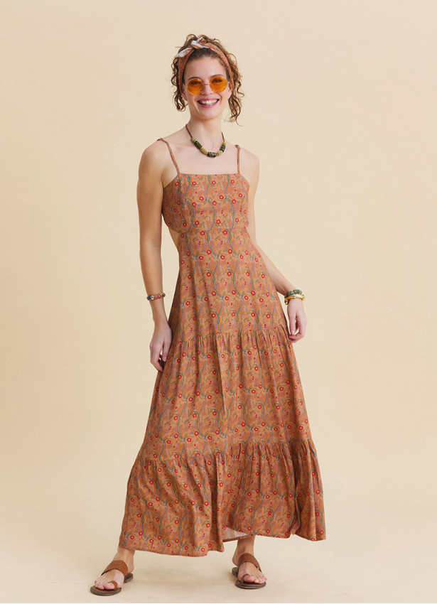 Thin Strapped Backless Mustard Ethnic Dress 4839