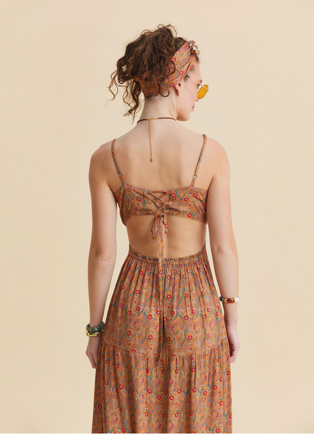 Thin Strapped Backless Mustard Ethnic Dress 4839