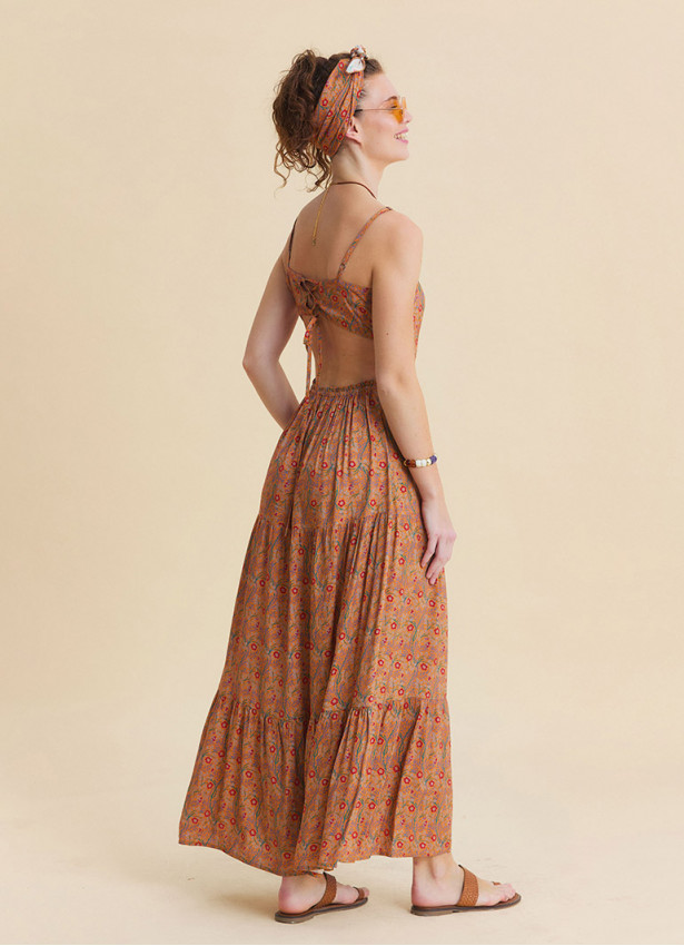 Thin Strapped Backless Mustard Ethnic Dress 4839