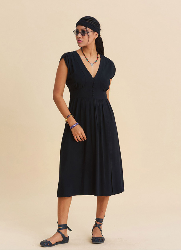V Neck Backless Black Everyday Dress 4795