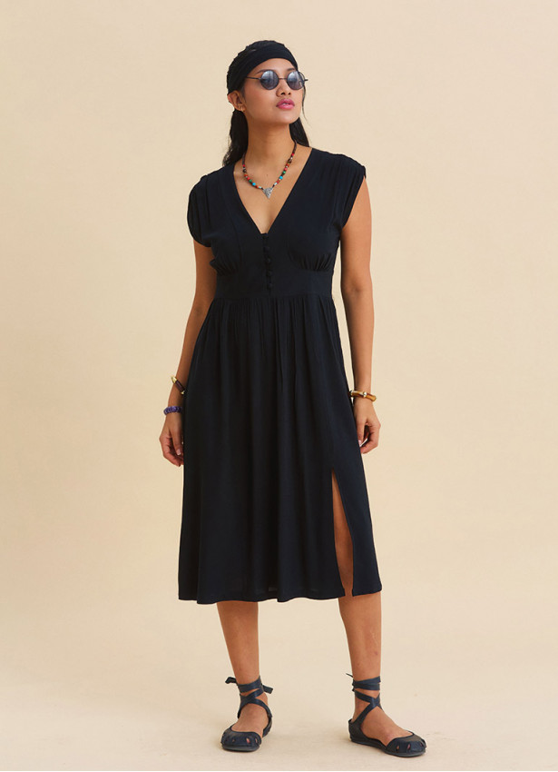 V Neck Backless Black Everyday Dress 4795