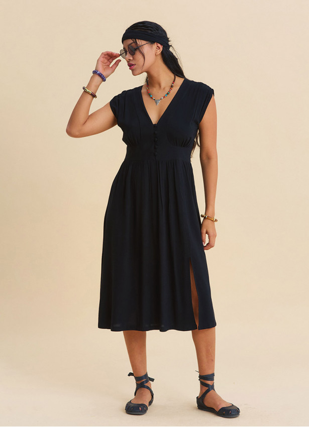 V Neck Backless Black Everyday Dress 4795