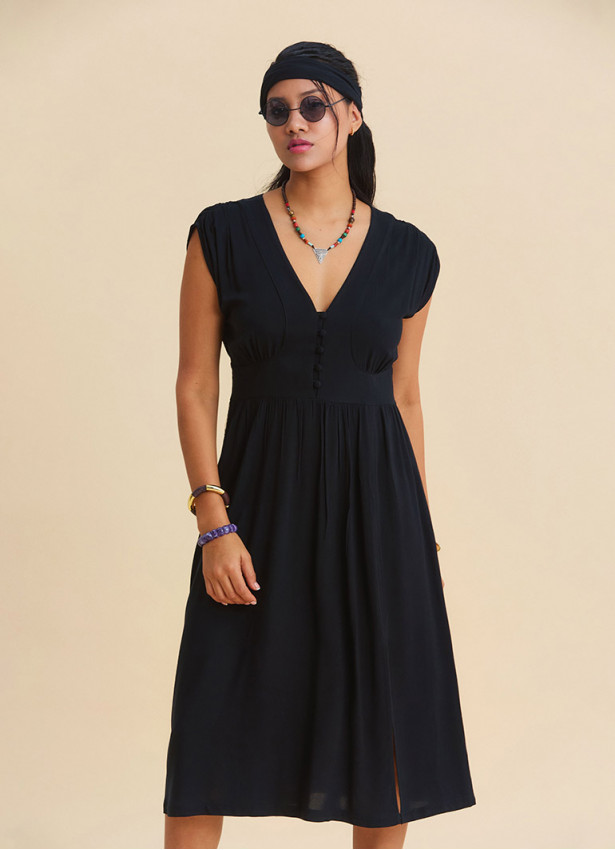V Neck Backless Black Everyday Dress 4795