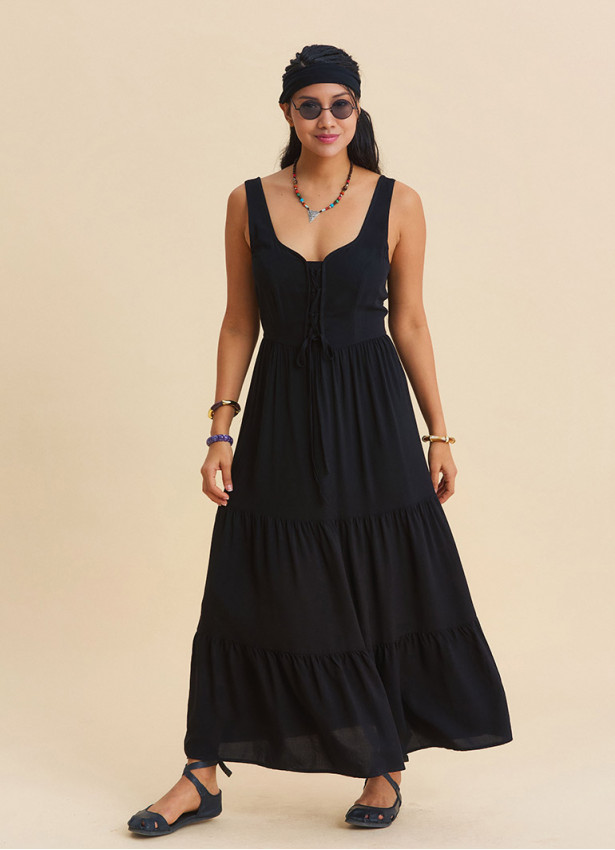 Wide Collar Front Tie Black Long Dress 4823