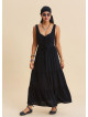 Wide Collar Front Tie Black Long Dress 4823