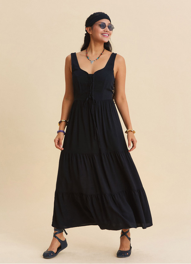 Wide Collar Front Tie Black Long Dress 4823