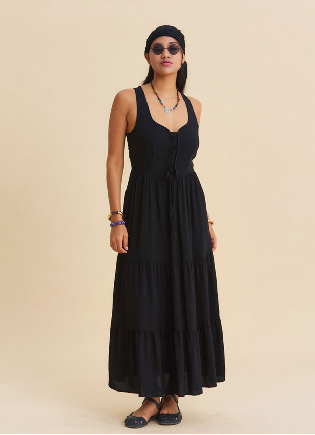 Wide Collar Front Tie Black Long Dress 4823