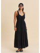Wide Collar Front Tie Black Long Dress 4823