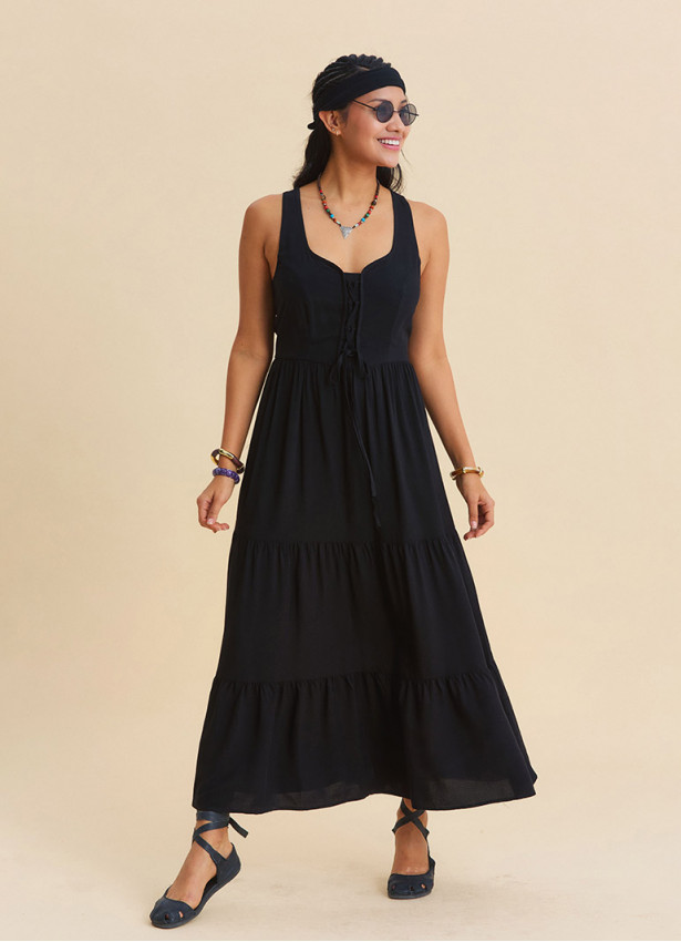 Wide Collar Front Tie Black Long Dress 4823