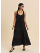 Wide Collar Front Tie Black Long Dress 4823