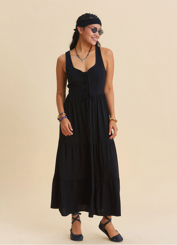Wide Collar Front Tie Black Long Dress 4823