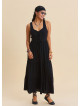 Wide Collar Front Tie Black Long Dress 4823