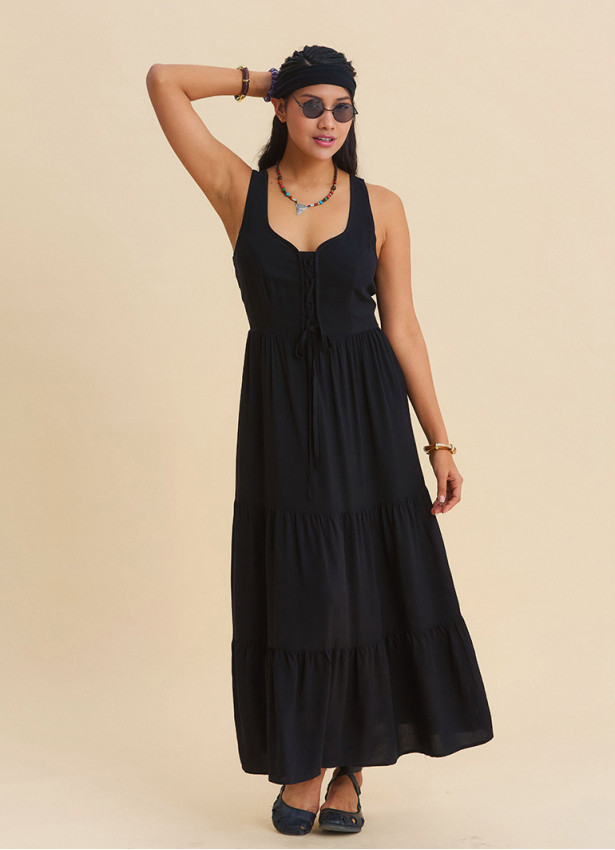 Wide Collar Front Tie Black Long Dress 4823