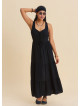 Wide Collar Front Tie Black Long Dress 4823