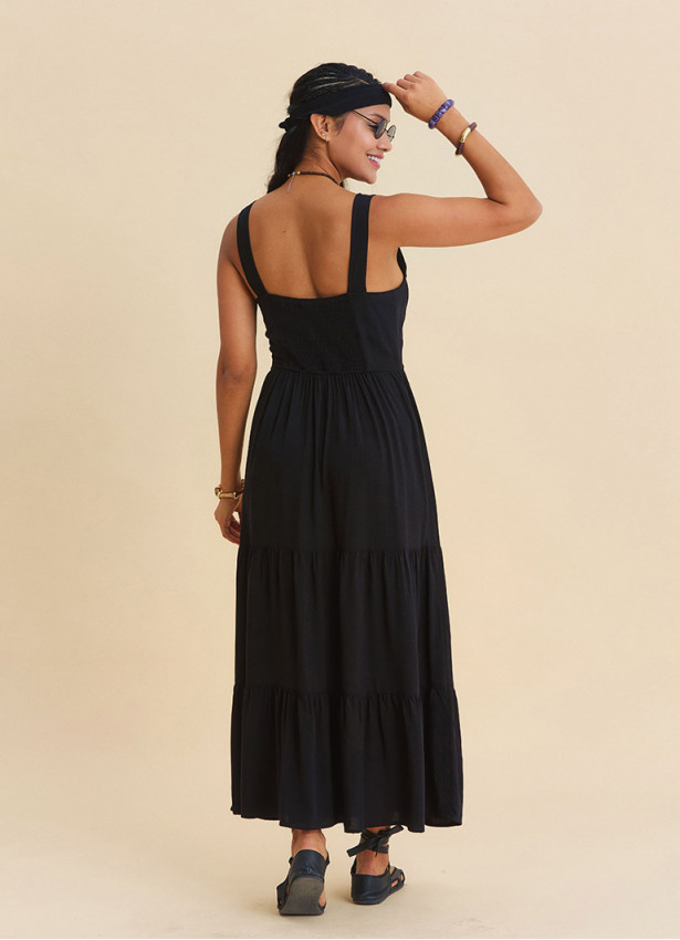 Wide Collar Front Tie Black Long Dress 4823